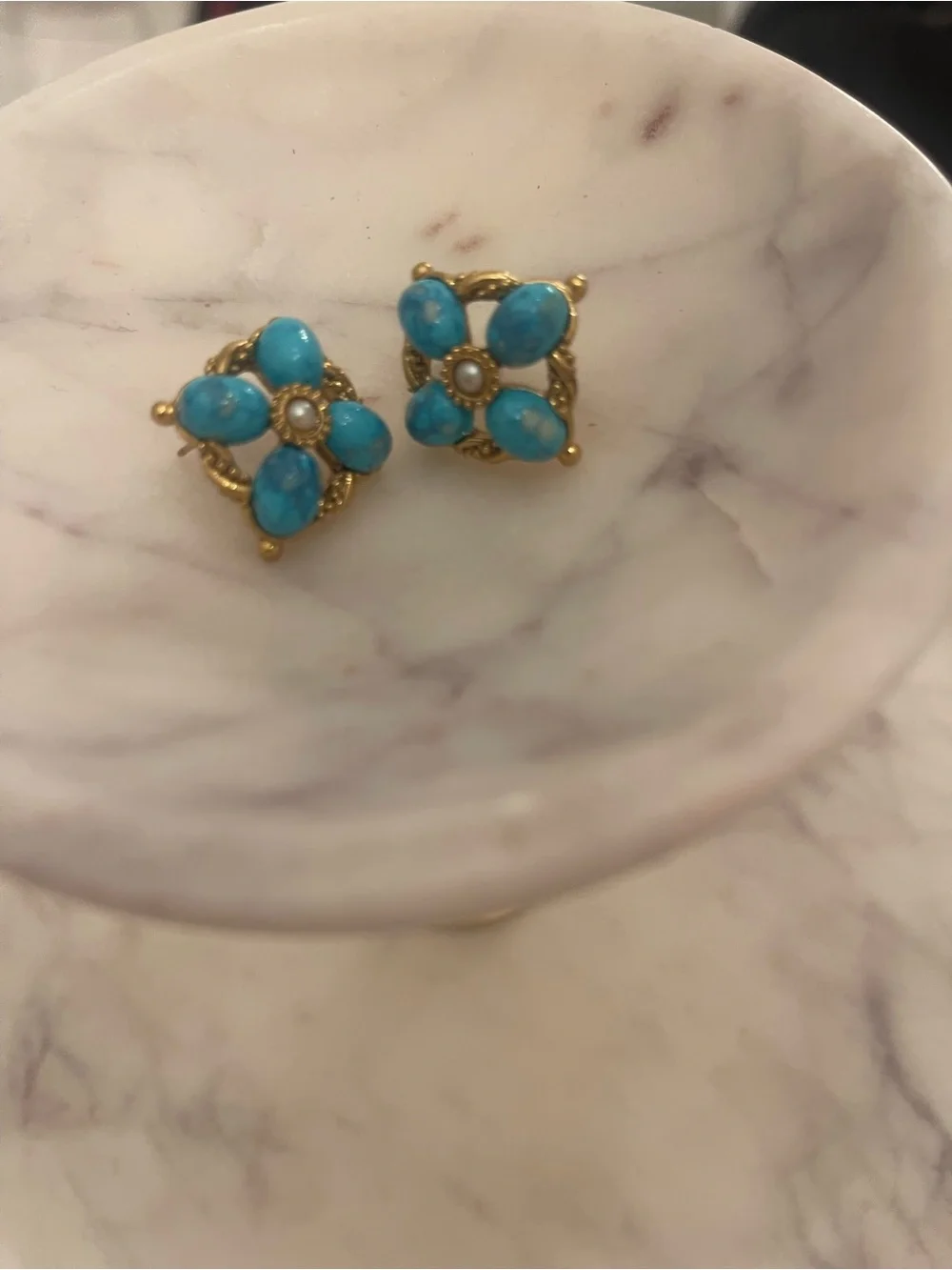 Gold-Tone Turquoise Flower Stud Earrings - Blue